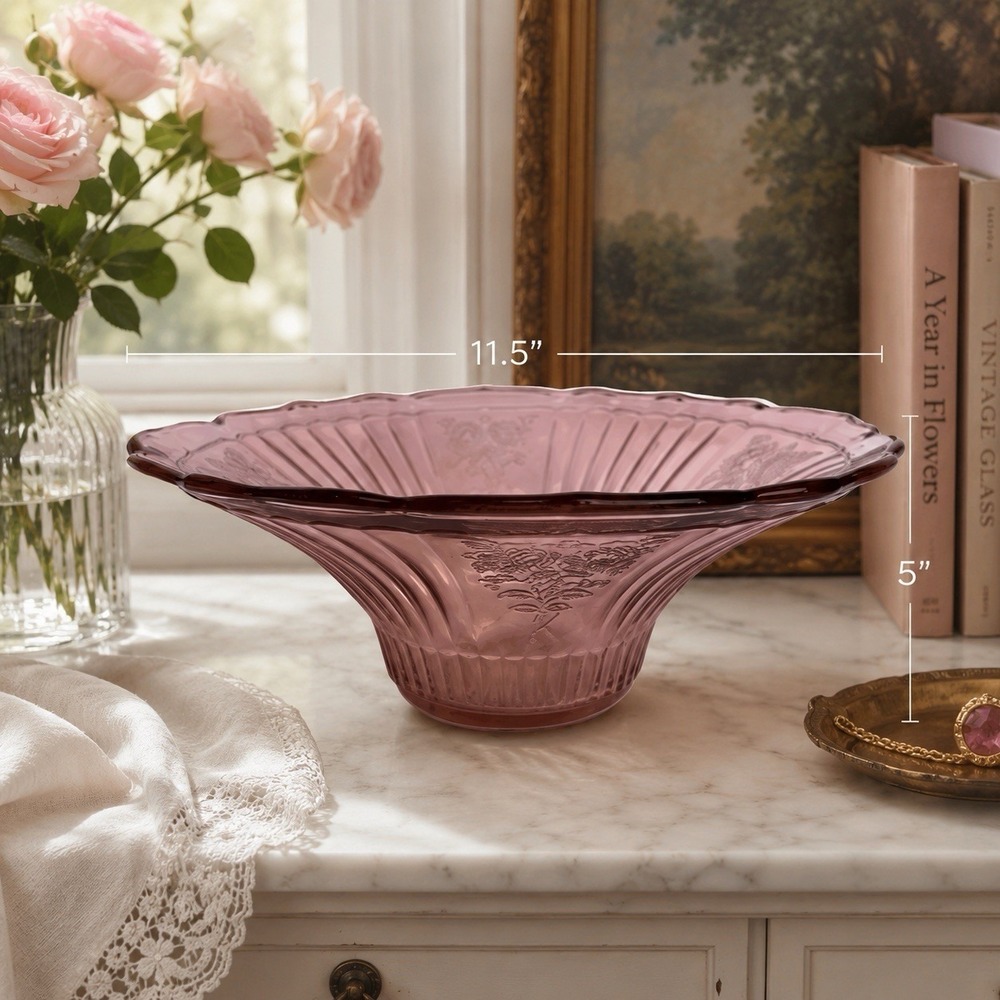 VTG Pink Depression Glass 1930s Anchor Hocking Mayfair Open Rose Bowl UV Glow